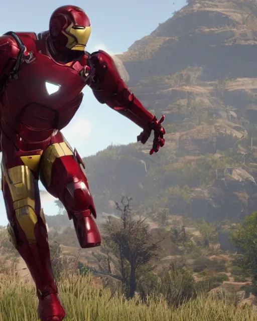 Image similar to robust and bulky iron man suit in red dead redemption 2, cinematic, photorealistic