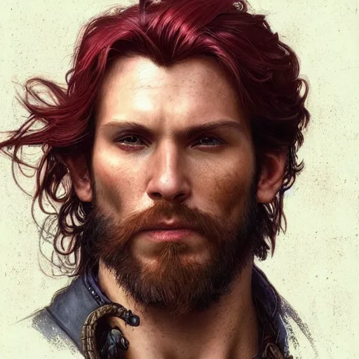 Prompt: portrait of a young pirate, 30 years old, male, ruggedly handsome, masculine, upper body, red hair, long hair, D&D, fantasy, intricate, elegant, highly detailed, cinematic lighting, digital painting, artstation, concept art, cutscene, sharp focus, illustration, art by Artgerm and Greg Rutkowski and Alphonse Mucha