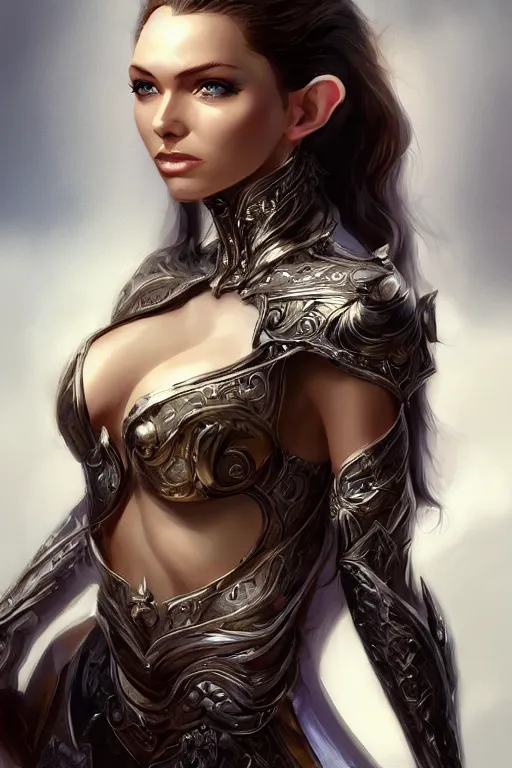 Image similar to three-quarters portrait pose of a beautiful woman, slim body, shining armor, elf warrior, fantasy, intricate, elegant, highly detailed, digital painting, artstation, concept art, matte, sharp focus,D&D, illustration, art by Artgerm and Peter Andrew Jones