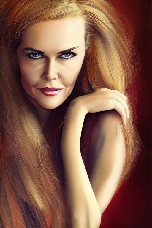 Image similar to mix of beautiful young maria shriver, mariel hemmingway, brooke shields, nicole kidman and elle macpherson as a snake, thin lips, hair tied up in a pony tail, dark blonde hair, colorful, artstation, cgsociety