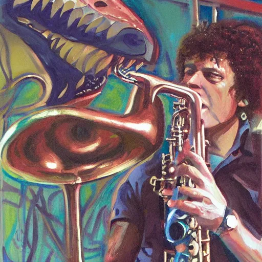 Prompt: tyrannosaurus rex dinosaur playing a saxophone on stage at a jazz club. gouache art painting by James Gurney.