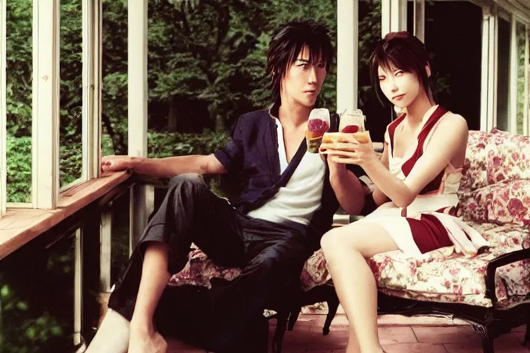 Prompt: makoto kusanagi and aerith gainsbourgh share drinks on the veranda, photographed by annie liebovitz