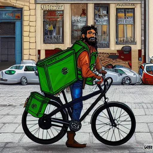 Image similar to a bearded and long haired bicycle food delivery worker with a green bag on his back in rossio lisbon, he has boots, hearthstone art style, epic fantasy style art by kim jung gi, fantasy epic digital art