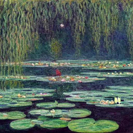 Image similar to a diver diving into a lake with lilypads by claude monet