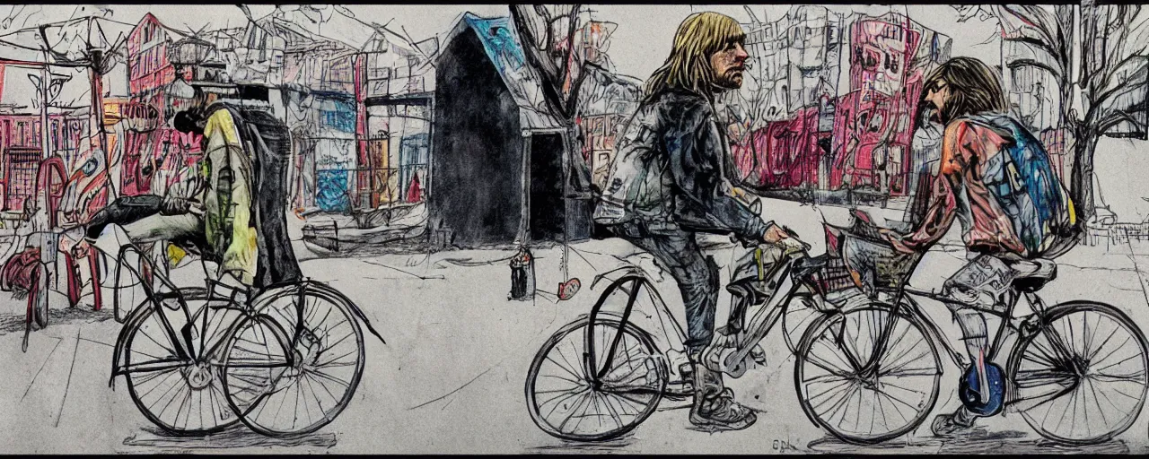 Image similar to beautiful detailed comic illustration of Kurt Cobain on a bicycle on a bicycle, colored