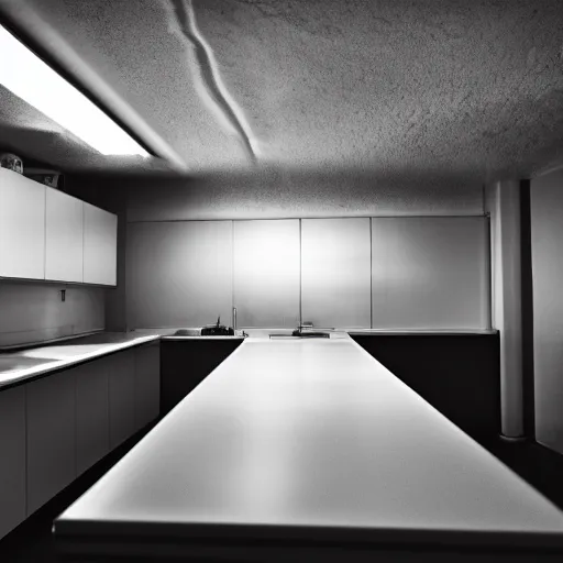 Prompt: low contrast photography, dark underground kitchen, windowless