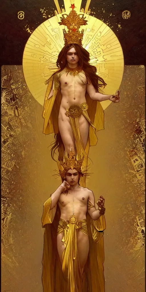 Image similar to a god wearing golden clothes and golden crown, amazing, tarot art, painting by greg rutkowski and alphonse mucha