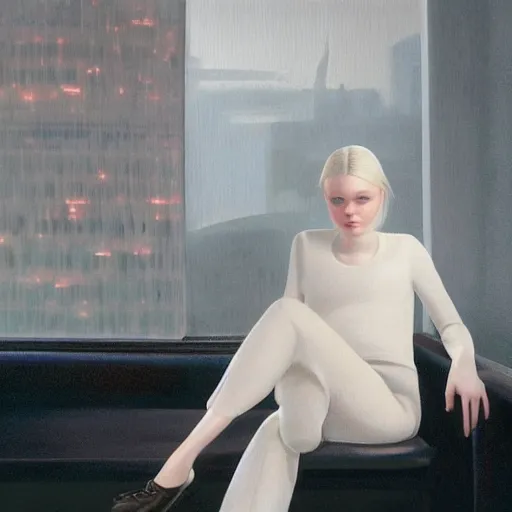 Prompt: Elle Fanning sitting on a white leather chair in the world of Adam Adamowicz, head and shoulders portrait, stormy weather, extremely detailed masterpiece, oil on canvas, low-key neon lighting, artstation, Blade Runner 2049, Roger Deakin’s cinematography, by J. C. Leyendecker and Peter Paul Rubens and Edward Hopper and Michael Sowa,