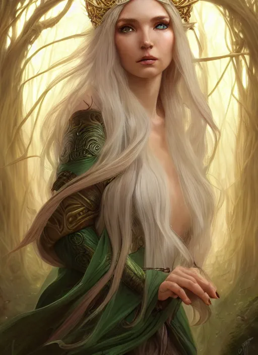 Image similar to portrait of a fantasy elf female sorceress queen with long white hair flowing wind in an ancient forest filled with magic, highly detailed, digital painting, artstation, smooth, sharp focus, detailed face, illustration, art by artgerm and greg rutkowski and alphonse mucha