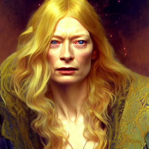 Image similar to young adult tilda swinton as lucifer morningstar, long blond hair, natural lighting, path traced, highly detailed, high quality, digital painting, by gaston bussiere, craig mullins, alphonse mucha j. c. leyendecker