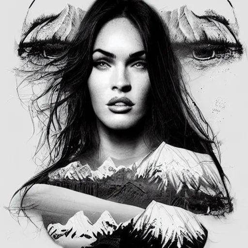 Prompt: double - exposure effect of megan fox face blended with beautiful mountains, in the style of dan mountford, amazing detail, black and white, tattoo sketch