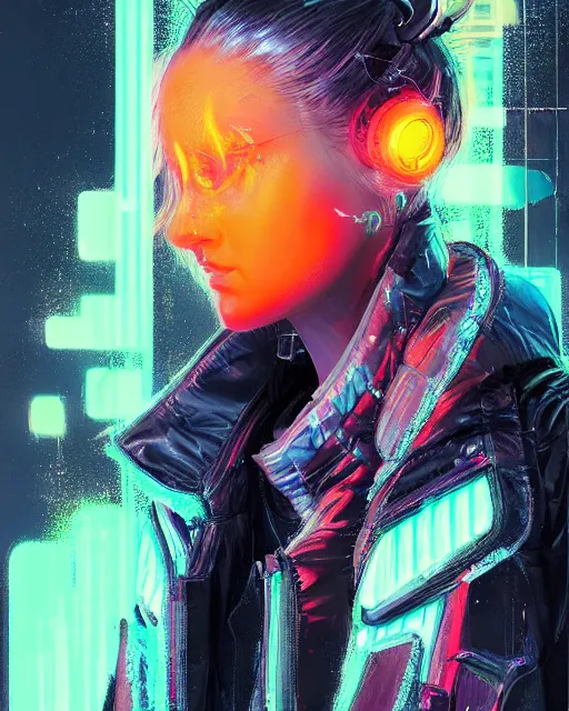 Image similar to detailed side profile portrait Neon Operator Girl, cyberpunk futuristic neon, reflective puffy coat, decorated with traditional Japanese ornaments by Ismail inceoglu dragan bibin hans thoma greg rutkowski Alexandros Pyromallis Nekro Rene Maritte Illustrated, Perfect face, fine details, realistic shaded, fine-face, pretty face