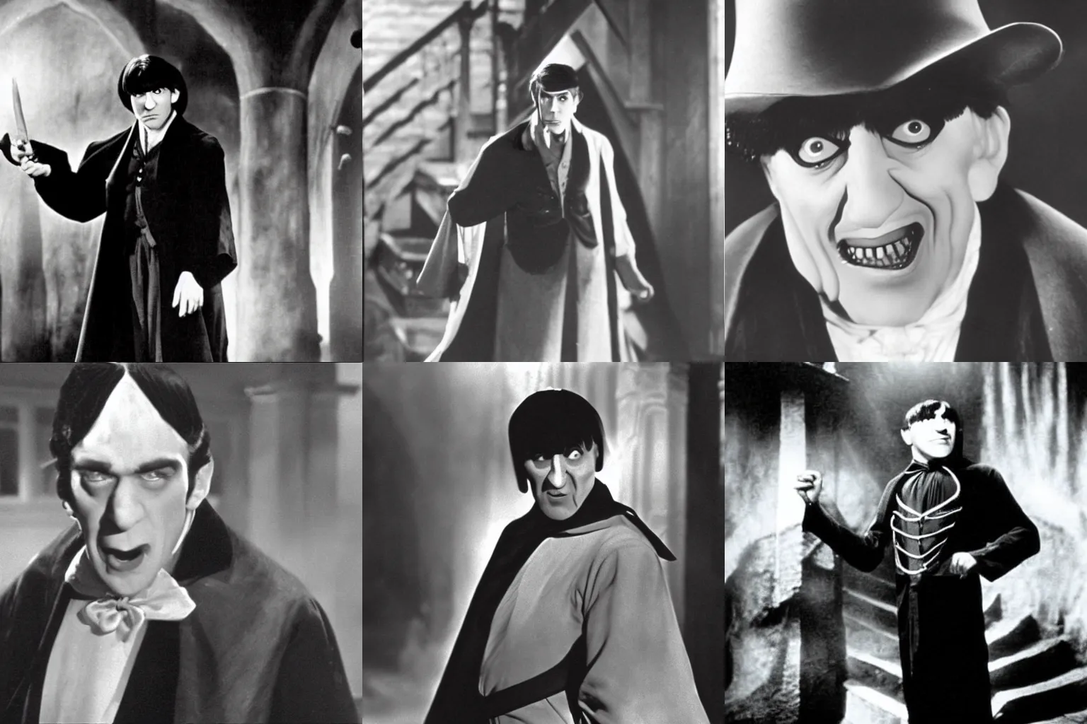 Prompt: film still of moe howard as dracula in dracula ( 1 9 3 0 )