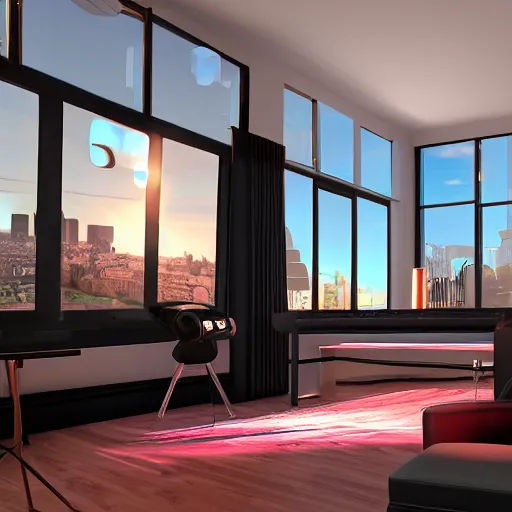 Image similar to A screenshot of a Virtual Reality music studio, living room vibe, Paris hotel style, red velvet furniture, light rays coming out of the windows, raytracing, highly detailed, futuristic, unreal engine 5, photoscanned, photorealistic,