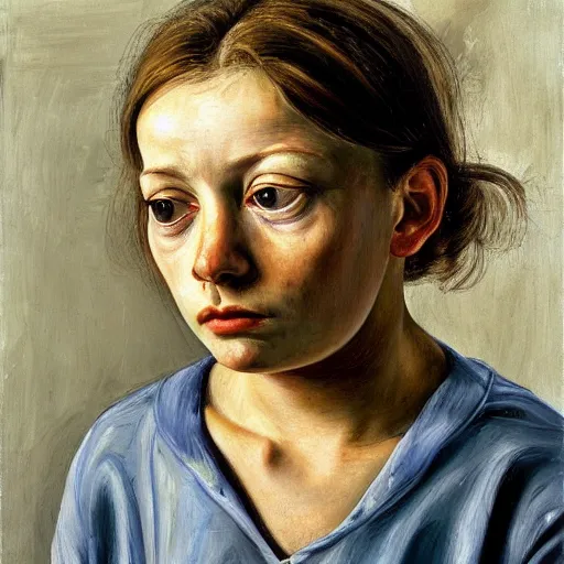 Image similar to high quality high detail painting by lucian freud, hd, portrait of a girl looking at the distance with despair, photorealistic lighting