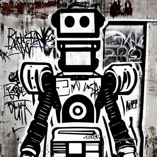 Image similar to chappie robot graffiti, black and white zef design graffiti on the wall, dark lighting, digital art