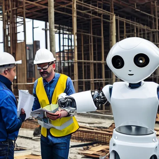 Prompt: man dressed in construction clothes next to him is a robot