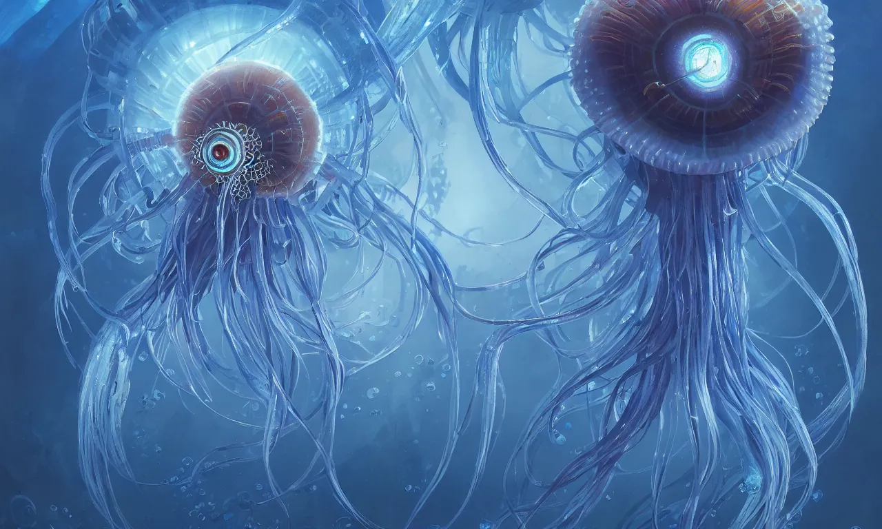 Image similar to Panorama hyper detailed painting of a cyberpunk jellyfish, blue tones, underwater, 8 mm, highly detailed, digital painting, artstation, concept art, smooth, sharp focus, illustration, art by artgerm and greg rutkowski and alphonse mucha