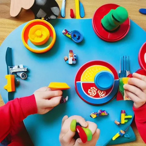 Prompt: “ a group of tinker toys seated around a toy table eating toy food”