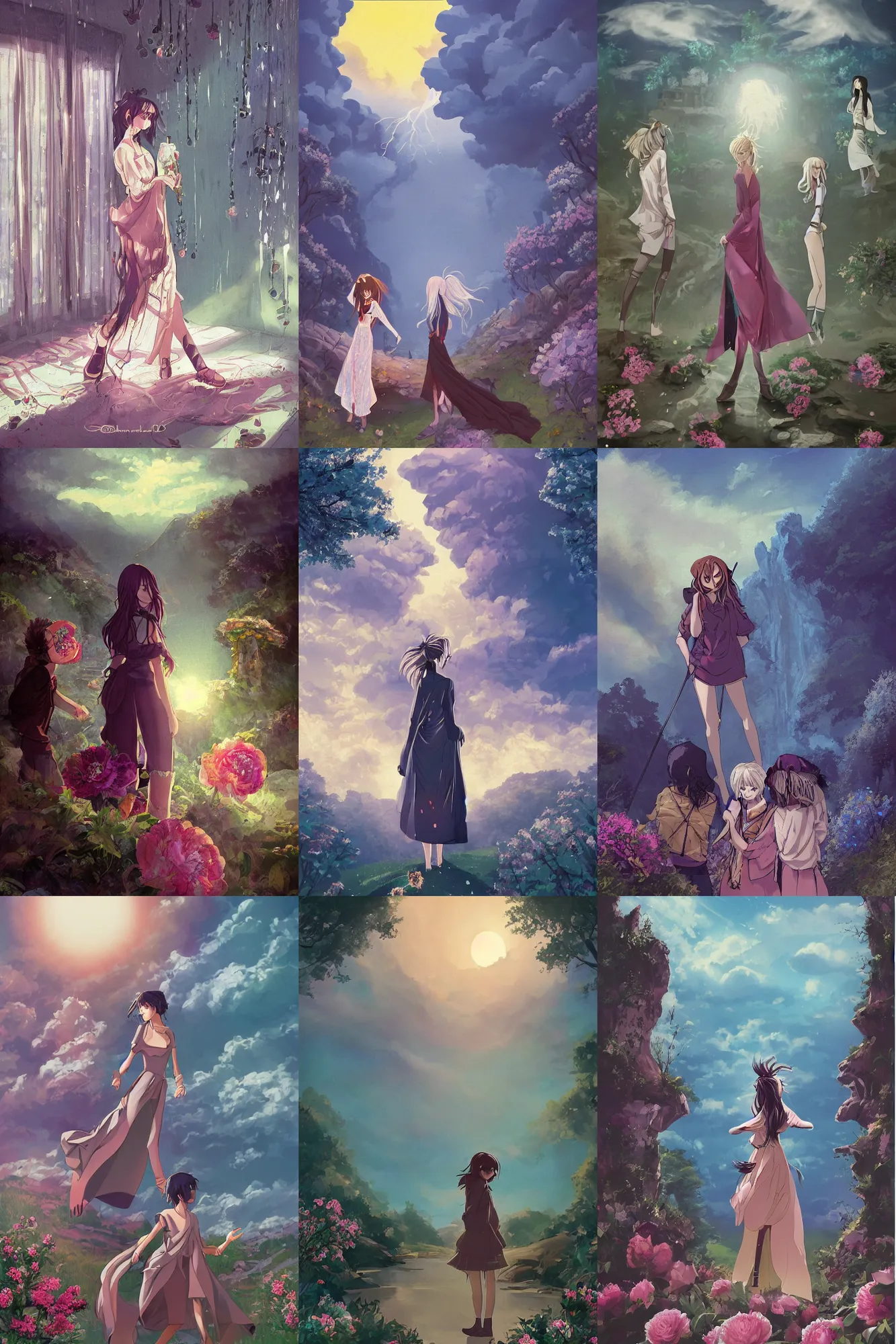 Prompt: room of the nameless painter, luxury castle, a cinematic boy girl traditional romance moment of a group of university friends hiking wearing boho clothing and peonies, standing silhouette against the sun, bestselling movie art poster, official media, 1970s fashion, official anime media, elegant decollete, sculpture, fog and rain, dynamic pose, thunder clouds in the sky, nature, illustration, intimidating lighting, incredible art by artgerm and greg rutkowski and doja cat