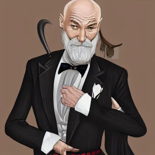 Image similar to older fantasy butler that looks similar to michael kane and patrick stewart, full body portrait, handsome, well groomed mustache, detailed, magic the gathering art style, balding, well dressed, pet rat on shoulder