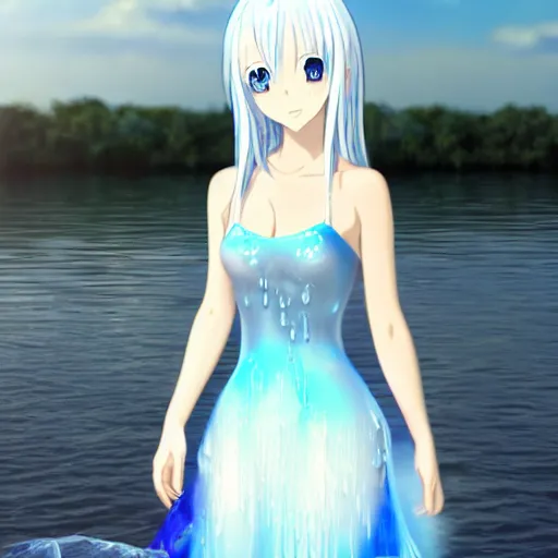 Prompt: a 3D render of a very beautiful anime girl wearing a dress made of water standing in a crystal lake , full body, long white hair with azure blue highlights blending into the dress , azure blue watery eyes, full round face, seductive over the shoulder glances , lens flare, cinematic lighting, golden hour, medium shot, mid-shot, auto-focus , highly realistically detailed, trending on artstation, Unreal Engine 4k, Stanley Artgerm Lau, WLOP, Rossdraws, James Jean, Andrei Riabovitchev, Marc Simonetti, and Sakimichan