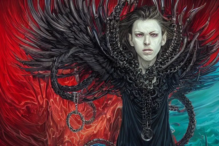 Image similar to lucifer, dark angel, red eyes, chain, handcuffs, large chain, wide open mouth, scream, cruelty, sad, sea bottom, light effect, hyper detailed, intricate, elegant, highly detailed, digital painting, artstation, concept art, matte, sharp focus, illustration, by dan mumford, yusuke murata, makoto shinkai, ross tran