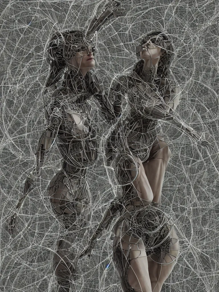 Prompt: a photo of a robotic woman covered in modular synthesizer parts surrounded by sacred geometry made from elven architecture, full body, perfect face, powerful, cinematic, beautifully lit, by peter gric, by karol bak, 3 d, octane render, 8 k