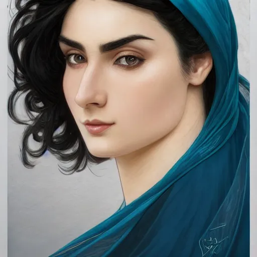 Image similar to Ameera al-Taweel, bright blue eyes, wavy black hair, white veil, highly detailed, digital painting, artstation, concept art, smooth, sharp focus, illustration, ArtStation, art by artgerm and greg rutkowski and alphonse mucha and J. C. Leyendecker and Edmund Blair Leighton and Katsuhiro Otomo and Geof Darrow and Phil hale and Ashley wood and Ilya repin and Charlie Bowater