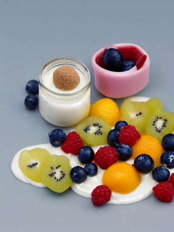 Image similar to miniature diorama of yogurt bottle with fruits