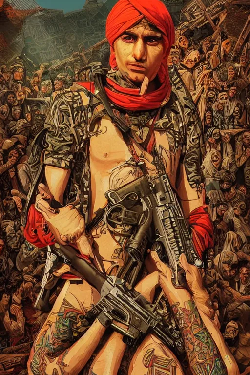 Image similar to taliban anarchy. symmetrical anatomy, very detailed design, complexity of the picture, with pop punk style, colorful, accompanied by body, pure image without duplication, dribble popular, trending on arstation, drawn by ilya kuvshinov and vinicius gud and gustavo zambelli, intricate, ultra high definition, super scale rendered