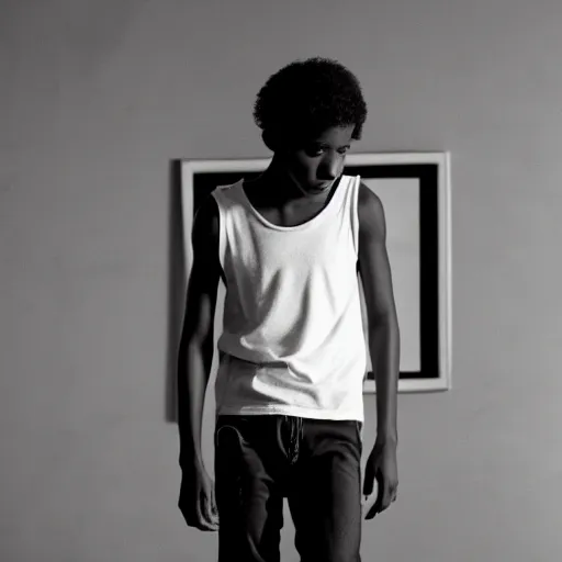 Image similar to black teenage boy with a long nose wearing a white tank top, walking in a nostalgic room with yellow walls and brown carpet