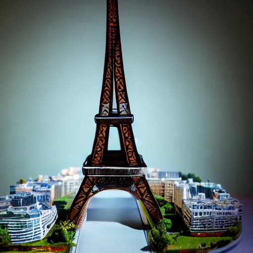 Image similar to a detailed photo of a diorama city, paris eiffel tower, macro photography, zoom, model trees, table, studio lighting