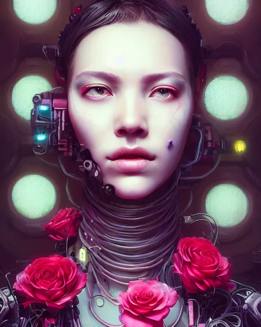 Image similar to portrait of a female face with roses instead of eyes, cyberpunk cyborg. roses, sci - fi, intricate abstract upper body intricate artwork, by tooth wu, wlop, beeple, dan mumford. concept art, octane render, deviantart, greg rutkowski, cinematic arthouse, key art, hyper realism, iridescent accents