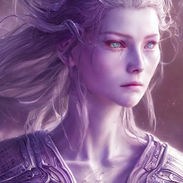 Image similar to close facial portrait of a pale woman in sci - fi armor with a flowing purple, elegant, stoic, intense, ultrafine hyperdetailed illustration by kim jung gi, irakli nadar, intricate linework, sharp focus, octopath traveler, final fantasy, hearthstone, highly rendered, global illumination, radiant light, detailed, intricate environment