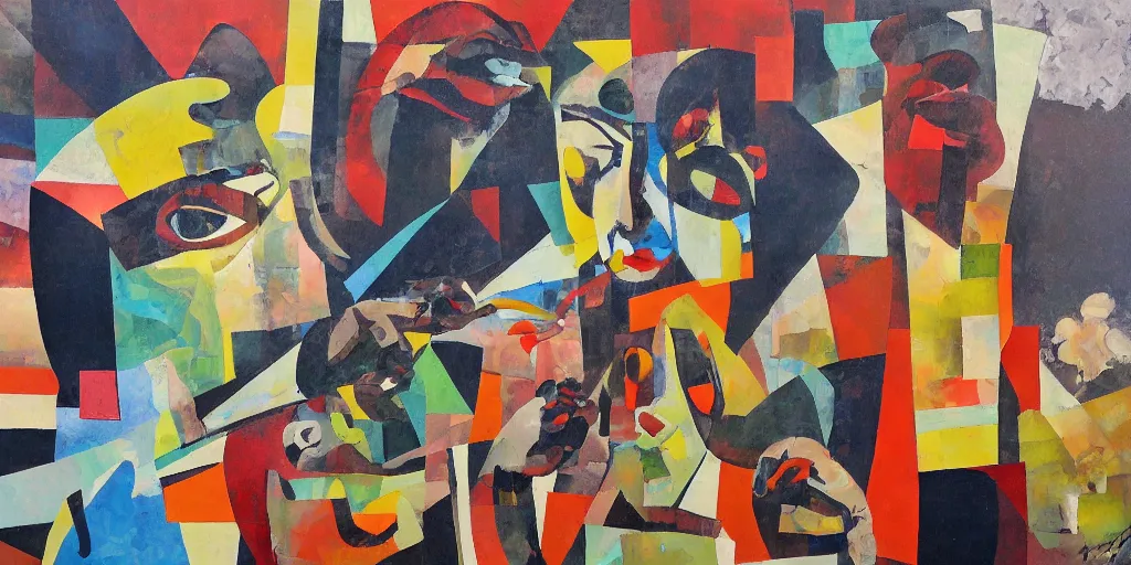 Prompt: jazzmen's, collage, smooth acrylic on canvas, expressionism movement, breathtaking detailed, by blake neubert