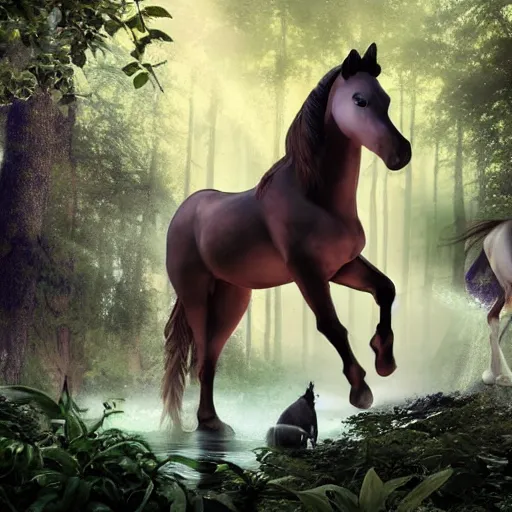 Prompt: a magical world with creatures that are part horse, part other animals.