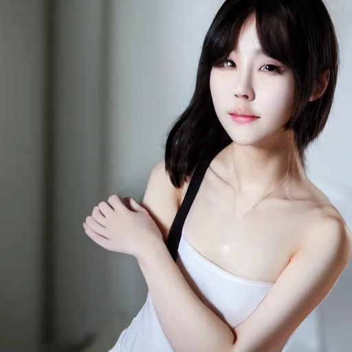 Prompt: exceptionally beautiful and vibrant photograph of a neotenous kpop chinese girl in a camisole, 4 k, hd