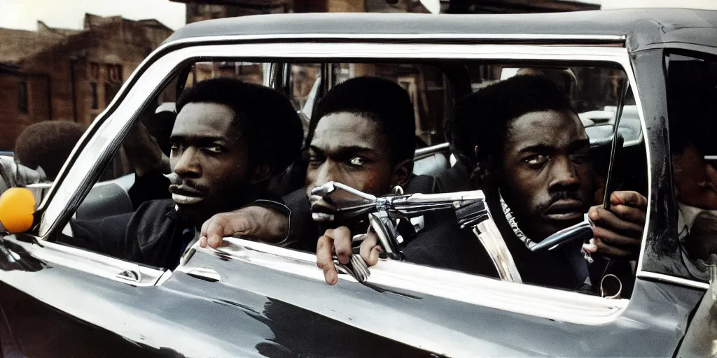 Image similar to bronx, black men sit in the 7 0 s car, holding a magnum, closeup, coloured film photography, bruce davidson photography