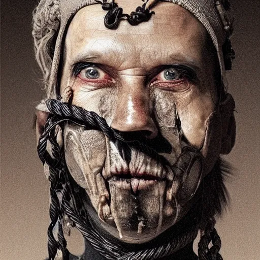 Image similar to portrait of a Shibari rope wrapped face and neck, headshot, insanely nice professional hair style, dramatic hair color, digital painting, of a old 17th century, old cyborg merchant, mouth wired shut, amber jewels, baroque, ornate clothing, scifi, realistic, hyperdetailed, chiaroscuro, concept art, art by Franz Hals and Jon Foster and Ayami Kojima and Amano and Karol Bak,