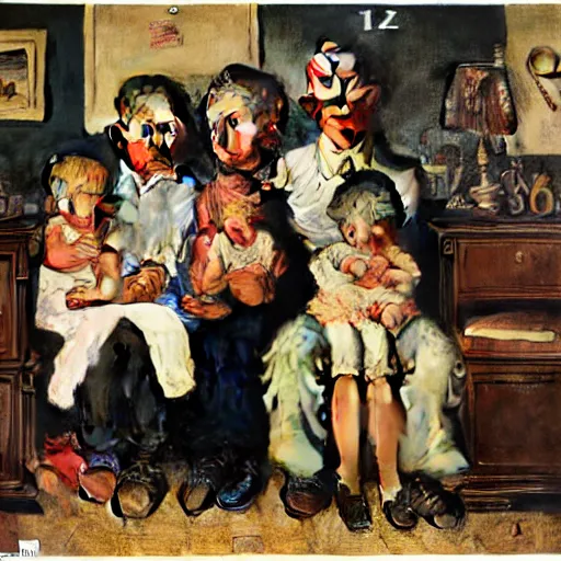 Prompt: A portrait of family of six. Man and wife, kids aged two, eight, twelve, fourteen. A painting by Norman Rockwell.