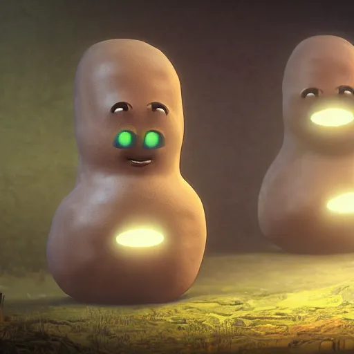 Prompt: the potato king appears before his subjects in all his glory, concept art, blender, googly eyes.
