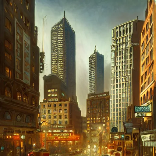 Prompt: downtown boston 1 9 2 5, atmospheric lighting, intricate, ultra detailed, well composed, best on artstation, cgsociety, epic, stunning, gorgeous, intricate detail, wow, masterpiece