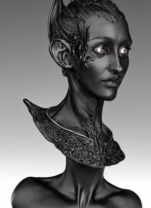 Image similar to a bust sculpture of anatomical detailed fantasy elvish character, very dark black skin, very beautiful, high forehead, high cheekbones, stylized, ceramic base, orthographic, studio lighting