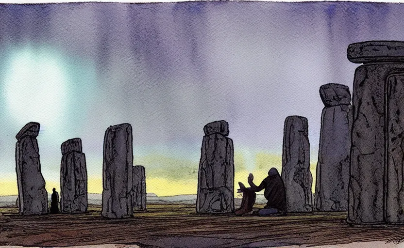 Image similar to a hyperrealist watercolour character concept art portrait of a grey medieval monk kneeling down in prayer in front of a tall alien structure built on top of stonehenge on a misty night. by rebecca guay, michael kaluta, charles vess and jean moebius giraud