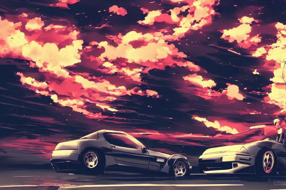 Image similar to aesthetic illustration of ryosuke takahashi with black hair, standing by his white glossy mazda rx 7 on an empty highway at sunrise, cinematic lighting, initial d anime 1 0 8 0 p, detailed anime face, high detail, 9 0 s anime aesthetic, volumetric lights, rule of thirds, unreal engine 5 render, pinterest wallpaper, trending on artstation