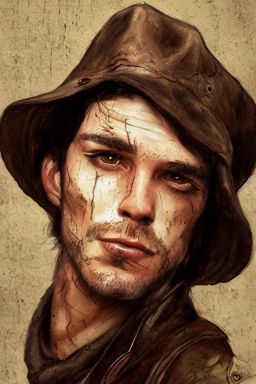 Image similar to portrait, headshot, digital painting, 50's adventurer, dark hair, fedora, stained dirty clothing, leather jacket, realistic, hyperdetailed, concept art, chiaroscuro, Waterhouse style