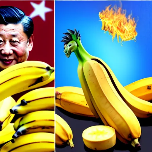 Image similar to Chinese president with bananas, dragon, fight, flaming mountain, painting