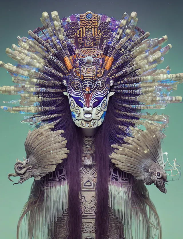 Image similar to 3 d goddess close - up profile portrait aztec with ram skull. beautiful intricately detailed japanese crow kitsune mask and clasical japanese kimono. betta fish, jellyfish phoenix, bio luminescent, plasma, ice, water, wind, creature, artwork by tooth wu and wlop and beeple and greg rutkowski