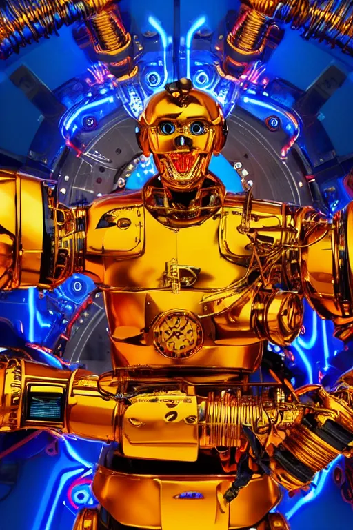 Image similar to portrait photo of a giant huge golden and blue metal humanoid steampunk robot dj with multicolored big gears and tubes, a red dj booth, eyes are glowing red lightbulbs, shiny crisp finish, 3 d render, 8 k, insaneley detailed, fluorescent colors, background is multicolored lasershow